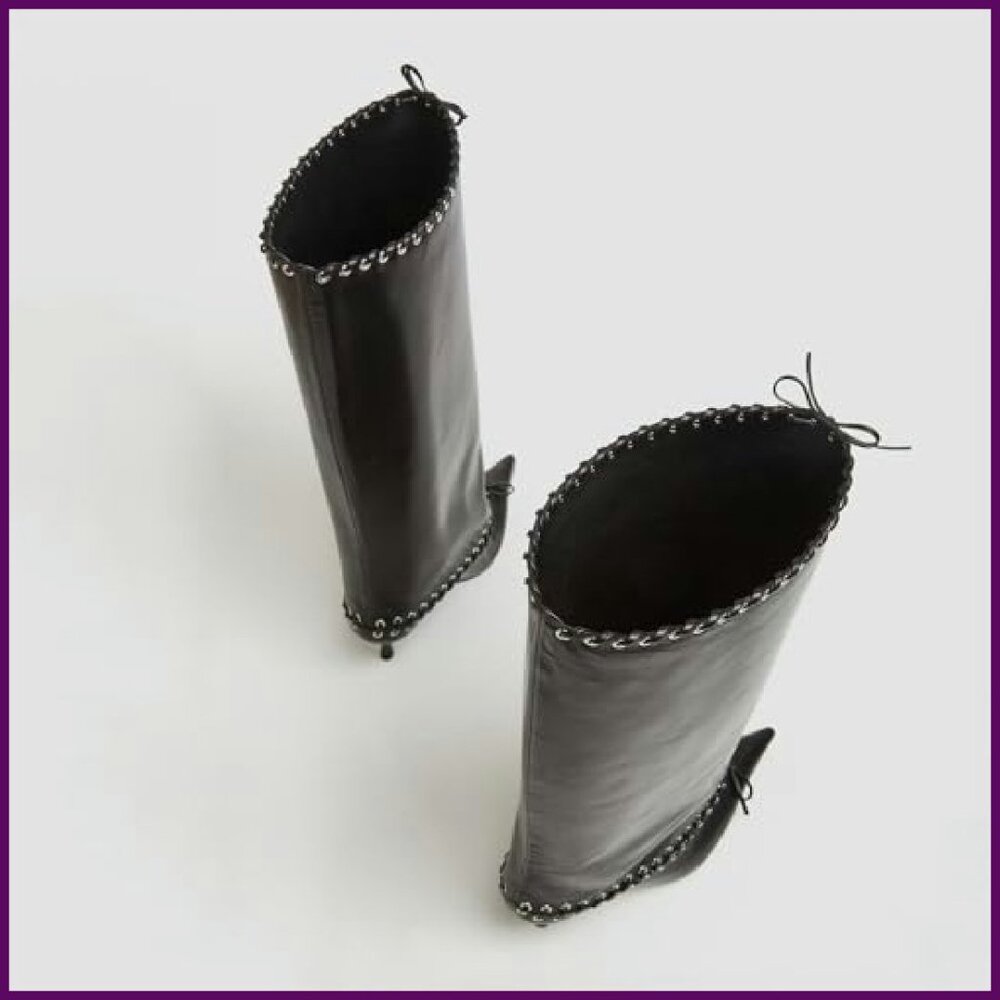 Metal Eyelet Pointed Toe Knee High Boots Wide Calf Kitten Heel Lace Up - Picture 8 of 8